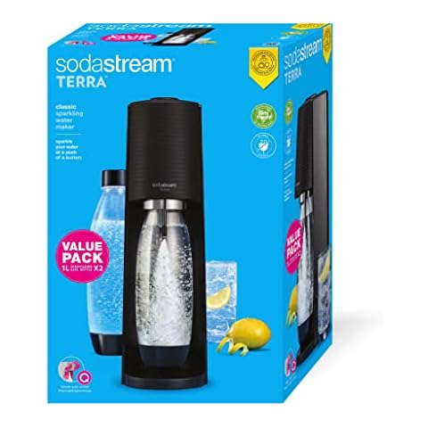 sodastream Wassersprudler Terra Value Pack x2 mit 2 spülmaschinenfesten Flaschen 1 l und 1 Zylinder CO2 Quick Connect für bis zu 60 l, schwarz matt Cover