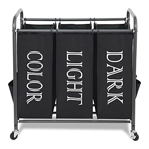 STORAGE MANIAC 3 Section Laundry Sorter, 3 Bag Laundry Hamper Cart with Heavy Duty Rolling Lockable Wheels and Removable Bags, Black Cover