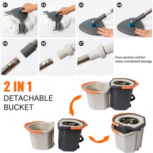 Image of EXVITO 360Spin Mop with Bucket | Dual Drive Floor Cleaning System with Stainless Steel Wringer | Super Absorbent Microfiber Heads 2 Refills Easy Self-Wringing MopSet for Home &Office - Pedal White