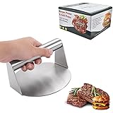 【Reduzca el tiempo de cocción】: Cocción eficiente, puede ejercer presión para hacer que los alimentos se cocinen más rápido mientras agrega un sabor único. Además, la prensa para hamburguesas ayuda a eliminar la grasa de la carne mientras retiene todos los demás sabores ricos y jugosos. La prensa de carne es mucho más fácil de usar que la espátula de la plancha o que se forma a mano.