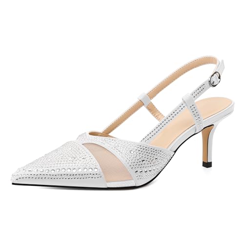 AUMOTED Women Low Heel Pumps Slingback Heels Elegant Pointed Toe 2.5 Inch Heels with Rhinestone Dressy Pumps