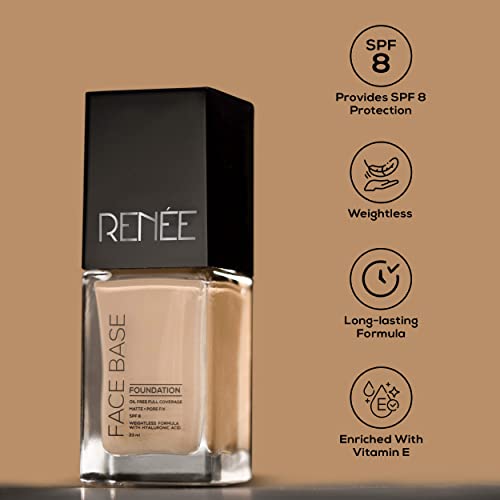 Image of RENEE Face Base Liquid Foundation - Vienna, 23ml | Enriched with Hyaluronic Acid & Vitamin E, Provides SPF 8 Protection, Weightless, Long-lasting Matte Finish