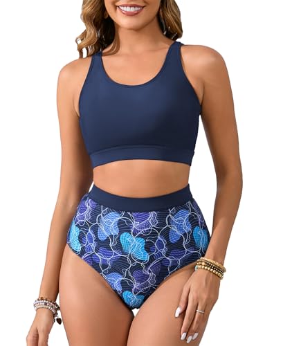 Halcurt Bikini Damen Set High Waist Bauchkontrolle Strandbikini Bademode U Ausschnitt Zweiteiliger Badeanzug L
