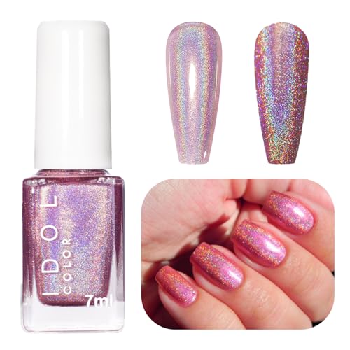 Glitter Nail Varnish - Pink Holographic Nail Polish - Quick Drying Magic Rainbow Nail Polish of Gorgeous Effect - Long Lasting Iridescent Purple Nail Varnish - No Need Cure for DIY Manicure
