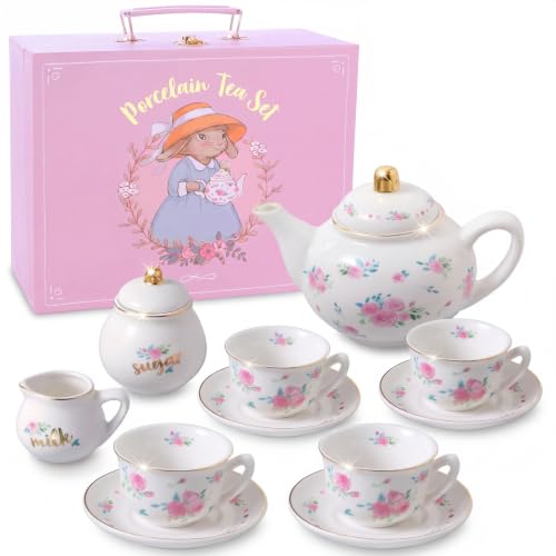 Image of Giggle & Honey White Floral Tea Party Set for Little Girls, Porcelain Kids Tea Set with Carry Case, Teapot Cups & Saucers, Princess Tea Time Birthday Gift for Girls Ages 3, 4, 5, 6, 7, 8