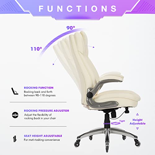 Image of COLAMY Ivory Leather High Back Executive Office Chair Set of 2, Ergonomic Desk Chair with Flip-up Arms, Thick Cushion, Silent Nylon Wheels, Adjustable Height & Rocking Function, 300lbs Capacity