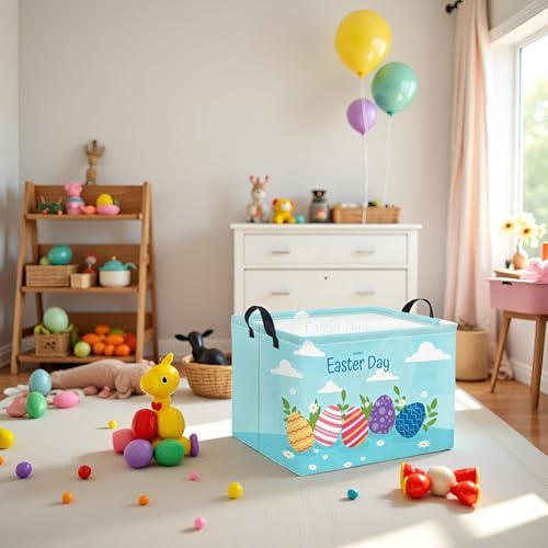Image of Rectangular Easter Basket for Home Kitchen Baby Girls Basket Cute Storage Bin Organizer Shelf Book Room Decor(Blue Egg)