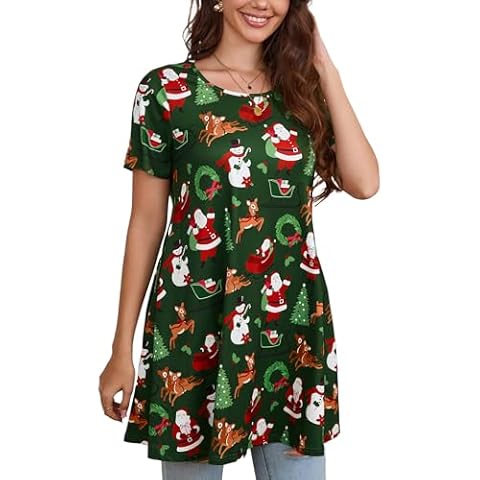 ENMAIN Christmas Tunic Tops for Women Plus Size Short Sleeve Dressy Casual Top Green Holiday Ladies Floral Blouses for Leggings Swing Loose Fit Flare T-Shirt Cover