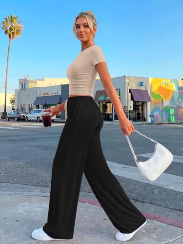 Image of Trendy Queen 2 Piece Matching Summer Lounge Set Womens Side Ruching Top Wide Leg Pants Sets with Pockets