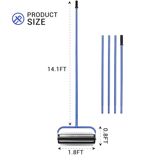 14ft Stainless Steel Lake Weed Roller, Beach Roller Lake Weed Remover, Rid Weeds Roots and Muck Buildup, 4 Aluminum Handles, 6 Preassembled Stainless Steel Blades, Super Easy Assembly, Blue.