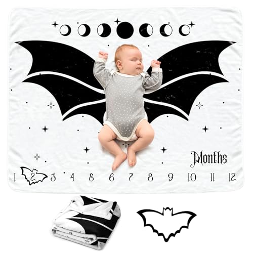 Image of Gothic Bat Baby Monthly Blanket for Boys, Goth Newborn Month Blanket, Soft Flannel Photography Background Prop, Halloween Personalized Shower Gift, Gothic Bat