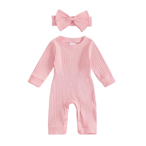 Image of Winioder Newborn Baby Girl Fall Clothes Ribbed Long Sleeve Romper Jumpsuit with Headband Infant 2Pcs Coming Home Outfit