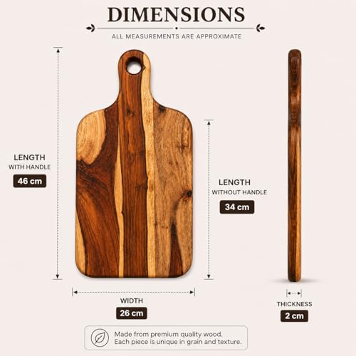 Image of Handcrafted Wooden Chopping Board for Kitchen | Cutting Board & Serving Platter | Food Safe Wooden Board for Vegetables, Fruits, Cheese & Bread | Multiple Designs (Paddle Handle, Sheesham Wood)