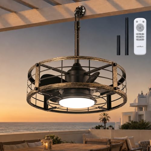 addlon 20' Outdoor Ceiling Fan with Light for Patio, IP65 Plug in Caged Fan | Waterproof, Hanging Hook, Reversible DC Motor, 6 Speeds, Remote Control, Quiet Operation, Timer, for Gazebo, Patio, Porch