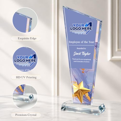 Image of Custom Crystal Trophy Award Personalized Plaque Award with Text Logo Photo Awards Trophies for Employee Recognition Team Graduation Personalized Office Gifts for Boss Coworker Teacher