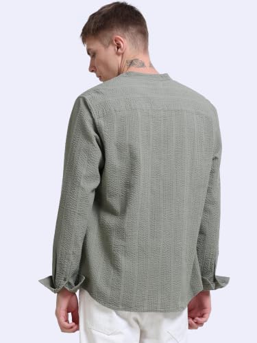 Image of StitchX Men's Seersucker Band Collar Pure Cotton Striped Kurta Shirt-S-2XL
