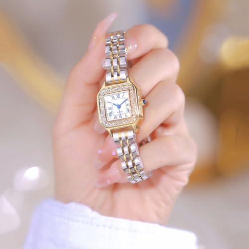 Elegant Gold Square Diamond-Accent Watch for Women - Luxurious Stainless Steel Business Casual Timepiece - Image 3