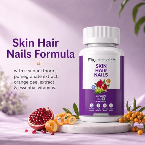 Image of Fixuphealth Hair Skin Nails Supplement | Biotin Tablets for Hair Growth with Glutathione, Vitamin B12 & Pomegranate Extract | Hair Vitamins for Men & Women | Healthy Hair, Skin & Nails | 60 Tablets