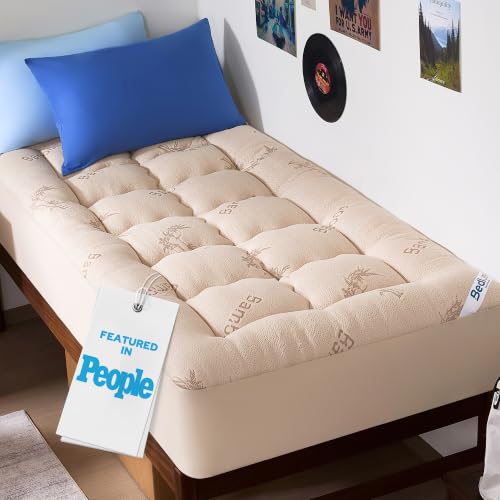 Image of BEDLORE Twin XL Mattress Topper Viscose Bamboo, Pillow Top Mattress Pad | Deep Pockets Fit 6 inch-15 inch Mattress, Soft Breathable Thick Dorm-Size Mattress Topper for Students and Hot Sleepers(Beige)