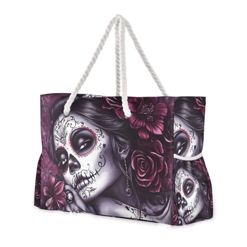 Purple Sugar Skull Face Beach Bag for Women Large Beach Tote Bag with Zipper for Travel Vacation2