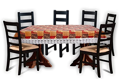 Image of The Furnishing Tree Waterproof PVC Rectangle Shaped 6 Seater Table Cover WxL 60x90 inches Surface Pattern Yellow with White Border lace