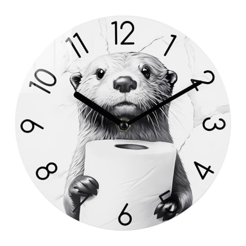 Crosstime Bathroom Wall Clock Modern Style Waterproof Glass Clock for Bathroom Shower Pool Decor - 8 Inch Toilet Paper in Little Funny Otters Hand Animal Theme