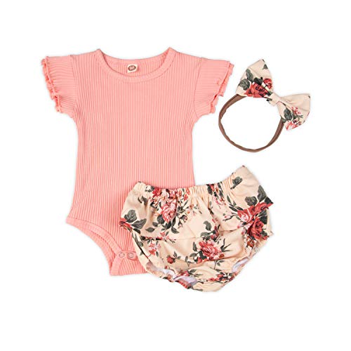 Baby Toddler Girl Cotton Short Sleeve Bodysuits Romper, 3Pcs Ruffle Ribbed Knitted Solid Cloth + Floral Diaper Cover Bloomer Summer Outfit Set with Headband Pink