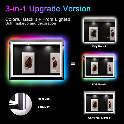 LED Mirror for Bathroom, 40"X32" with 8 RGB Backlit +3 Front Lit (Adjustable Individually), Anti-Fog, Lighted Bathroom Vanity Mirror for Wall, Shatterproof, Memory Function, Tempered Glass