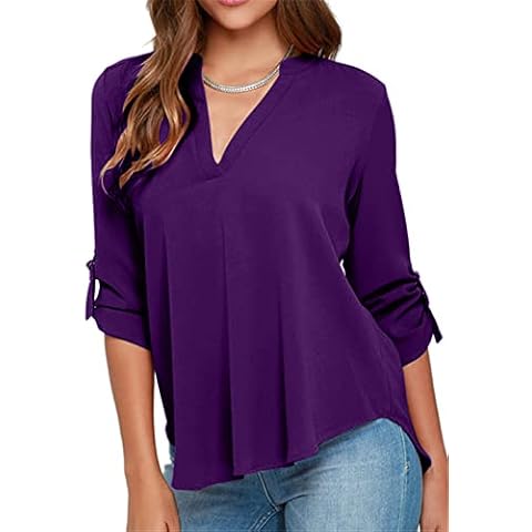 OMZIN Womens Casual Blouses Tops V Neck Blouse V Neck Shirt Solid Color Tunic Top Purple XL Cover