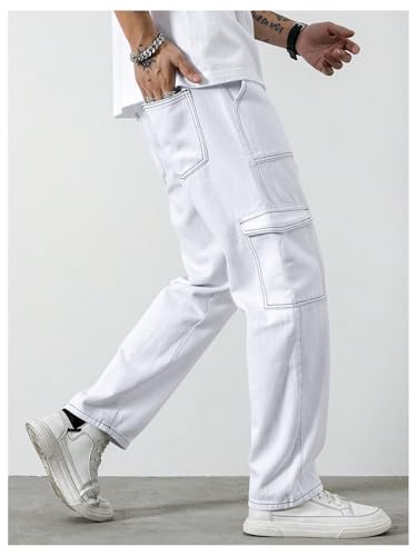 WDIRARA Men's High Waisted Contrast Stitching Cargo Jeans Denim Pants with Pockets4
