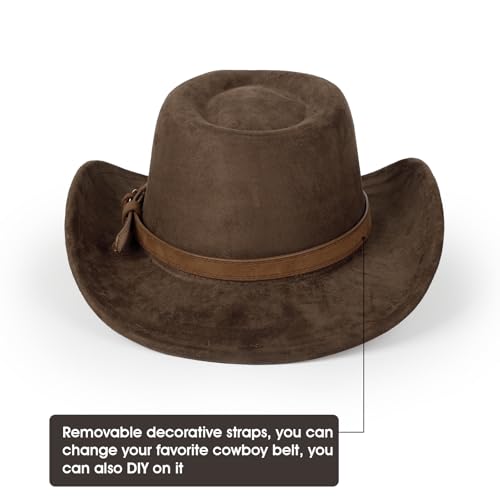 Image of 2 Pack Western Cowboy Hats for Women Men 2 Different hat Bands | Classic Felt Wide Brim Costume Cow Boy Hat Curved Brim Cowgirl Hat
