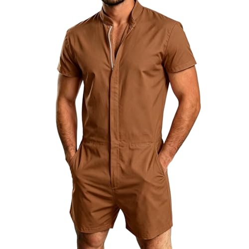 Mens Zipper Rompers Funny Short-Sleeve Polo Shirt Short Jumpsuits Summer One Piece Overalls Shorts Casual Fashion Clothes
