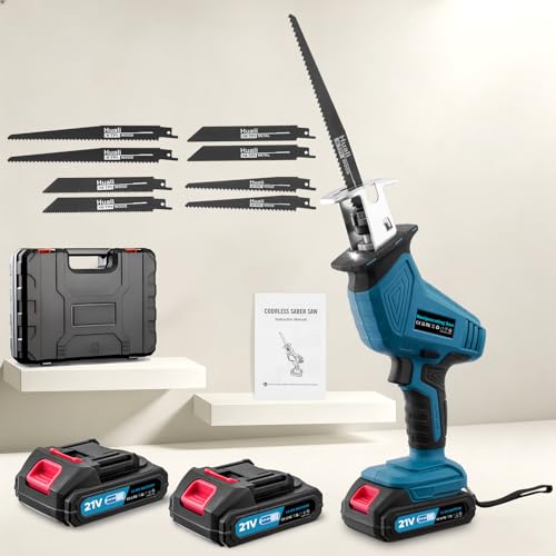 papasbox Reciprocating Saw,0-4000 RPM Variable Speed Cordless Electric Saws, 21V Brushless Wood Saws with 2pcs Batteries,8pcs Saw Blades,LED Light,Fast Charger for Metal Wood PVC Cutting-Blue