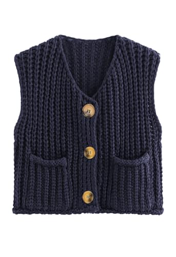 Naggoo Womens Crochet Chunky Knit Top Trendy Cardigan Sweater Vest Sleeveless Button Down Crop Tops for Women with Pockets