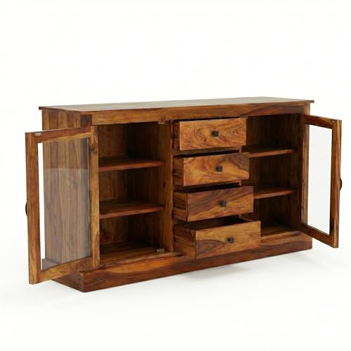 Image of SONA ART & CRAFTS Solid Sheesham Wood Sideboard Cabinet Storage Organizer with 4 Drawer & 2 Glass Door Crockery Cabinet for Home Kitchen Living Room & Bedroom Shelves Cabinets Hallway (Honey Finish)