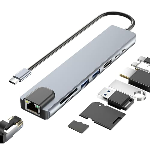 Hub USB C 8 en 1, adaptador USB C a HDMI 4K, RJ45 Ethernet, PD 100W, lector SD/TF, USB 3.0/2.0, tipo C, multipuerto tipo C para MacBook Air Pro, iPad, iPhone 15 16, PC Windows