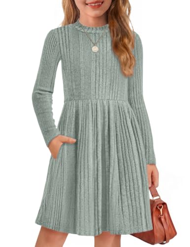 Image of Arshiner Girls Dresses Long Sleeve A Line Knit Sweater Dress with Pockets