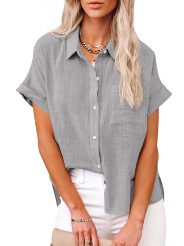 Paintcolors Women's Casual Short Sleeve Button Down Shirts Cotton Blouses V Neck Casual Tunics Solid Color Tops with Pockets