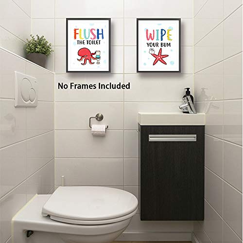 Funny Colorful Cartoon Sea Life Themed Bathroom Inspirational Quotes Art Print Humorous Quotes Painting, Toilet Rules Art Picture For Children Washroom Bathroom Decor, Set Of 4 (8”X10”), No Frame #TOP3