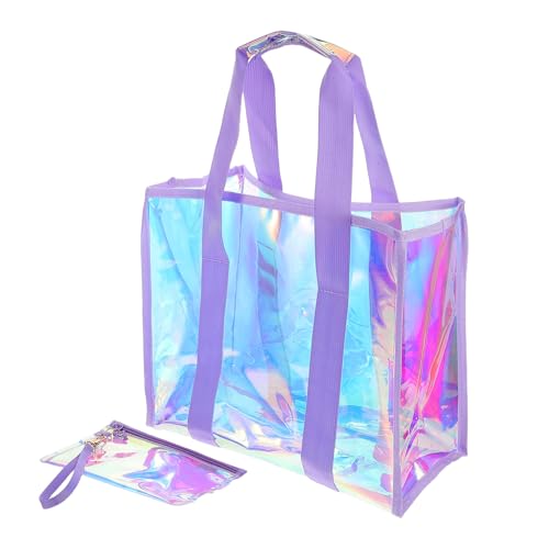 Homoyoyo Holographic Beach Bag Set for Women Large Capacity Pvc Tote with Zipper Versatile Hanging Pouch for Summer Outings and