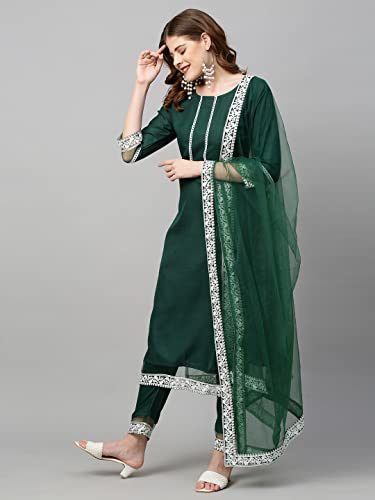 Image of ANNI DESIGNER Women's Cotton Blend Kurta With Pant & Dupatta