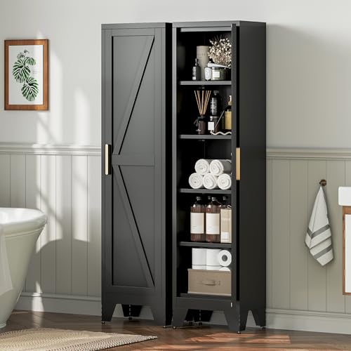 Image of LCAOPC 67 inch Tall Narrow Bathroom Metal Storage Cabinet with 4 Adjustable Shelves, Freestanding 5 Tier Slim Pantry Storage Cabinet for Small Space, Black