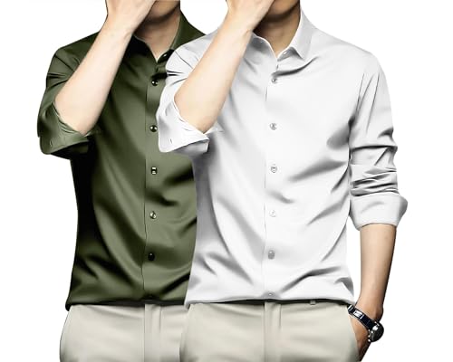 Image of DEELMO Combo of Men's Stylish Solid Satin Casual Shirt for Men Full Sleeves| Poly Satin Silk Shirt Pack of 2
