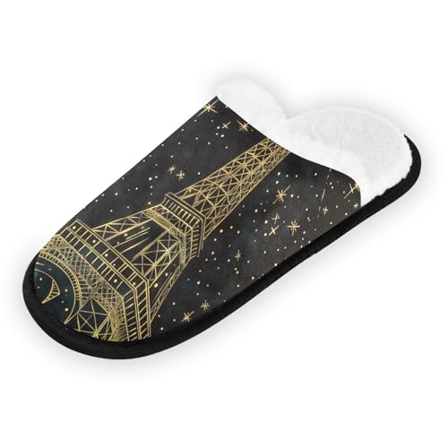 Gold Eiffel Tower Starry Sky Plush Slippers for Women Men Warm Comfortable Travel Spa Slipper Non-slip House Shoes2