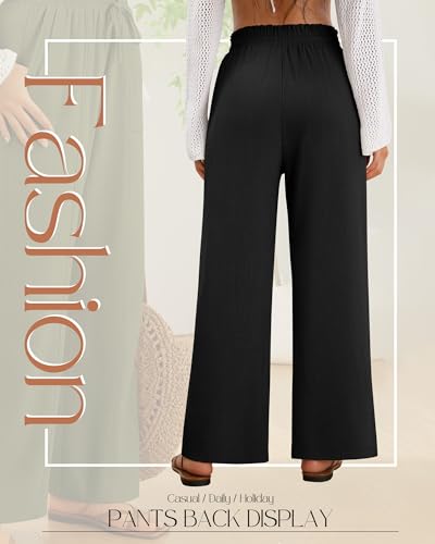 2 Pack Women's Linen Pants Summer Wide Leg Drawstring Elastic Waist Pant Casual Loose Fit Beach Trousers with Pockets(Army Green, Black,Medium)4