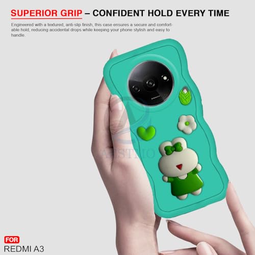 Image of AESTMO Back Case Cover for Redmi A3 | 3D Cute Fun Cartoon Characters | Anti Slip Grip Cute Wave Curly Frame Shape | Full Body Protection Back Cover for Redmi A3 |(Mint Green)