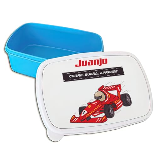 xulisimo Fiambrera infantil personalizada con nombre, ideal para vuelta al cole, uso diario en el colegio o guardería, libre de BPA y apta para alimentos (Azul, Coche)