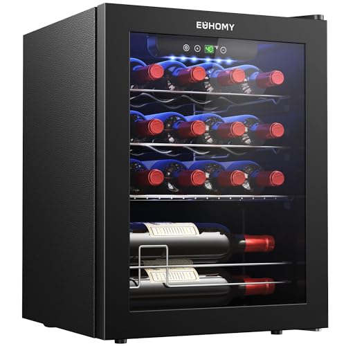 Image of EUHOMY 16 Bottle Wine Cooler Refrigerator, Compressor Wine Fridge with Glass Door, Freestanding Wine Cellar with Digital Temp Control & LED Light for Red White Wine Beer Home Bar Office, 1.7 Cu.Ft
