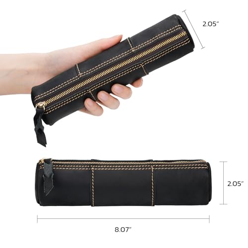 Image of ECHSRT Genuine Leather Pencil Pouch, Slim Cylinder Vintage Pen Bag, Black | Full-Grain Cowhide Leather, Crazy Horse Finish, Slim Cylinder, Single Zipper, Vintage Pen Organizer for Adults