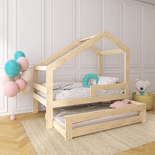 Cama Nido Madera Juvenil - NeedSleep | litera Infantil | 140x70 160x80 180x90 | Camas Infantiles | Cama para Dos niños | niña niño | Barrera Seguridad (180x90/160x80, Asimétrico)